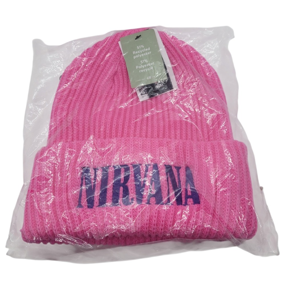 H&M Nirvana Pink Ribbed Knit Beanie Hat Embroidered Logo NWT One Size